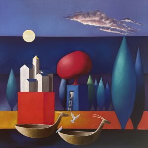 Paesaggio onirico con colombe